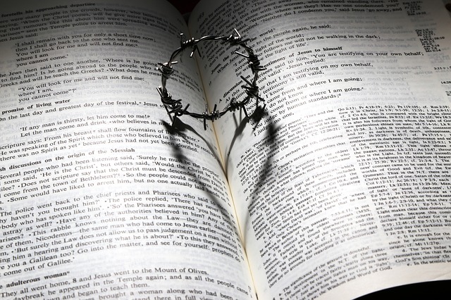 Heart formed from crown of thorns on page